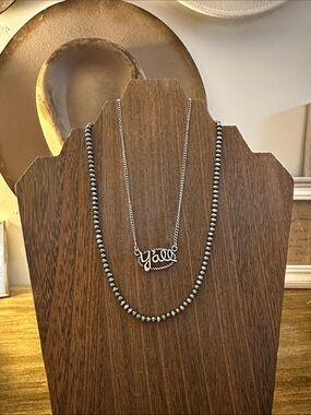 Silver 'Y'all' Script Necklace with Silver Beaded Layer